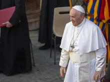 Pope Francis smiles during the general audience in the Vatican's San Damaso Courtyard on June 30, 2021.